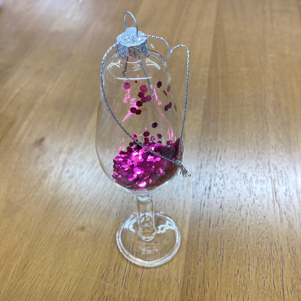 Glass glitter filled wine glass ornament